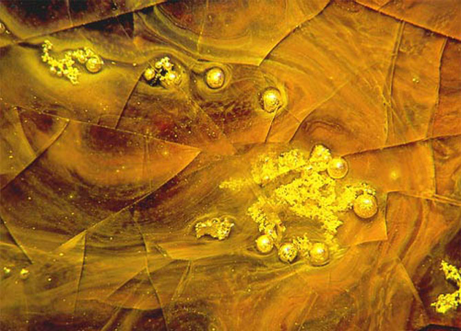 Золотой остаток и покрытые золотом пузырьки в стекловидной матрице