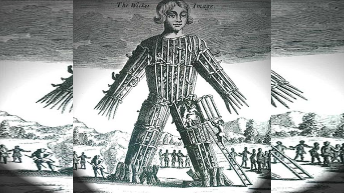 гравюра XVIII века, изображающая плетеного человека, наполненного людьми